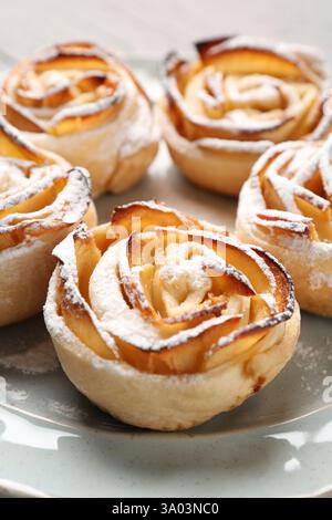 Freshly baked apple roses on plate and color palette. Collage Stock ...