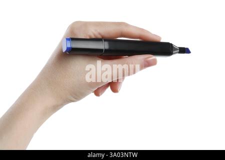 Woman with double sided marker on white background, closeup Stock Photo