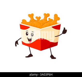 Cartoon funny fried chicken legs box fast food character giving a thumbs up. Vector bucket of chicken drumsticks inviting for tasting and enjoying tre Stock Vector