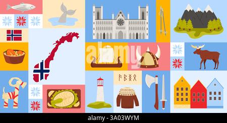Travel to Norway, geometric infographic banner design with Norwegian culture, landmarks and food. Map with country flag, weapons and ship, viking helmet and wooden church cartoon vector illustration Stock Vector