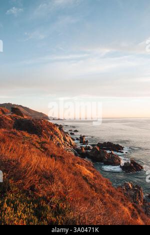 View of the Coastline along Pacific Coast Highway in Big Sur during Sunset, California, USA Stock Photo