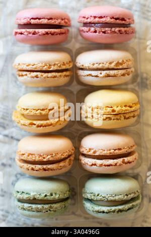 French macarons in pastel rainbow colors top view Stock Photo