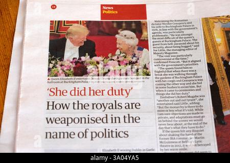 'She did her duty' 'How the royals are weaponised in the name of politics' Guardian newspaper headline Donald Trump Queen Elizabeth 2019 meeting 2019 Stock Photo