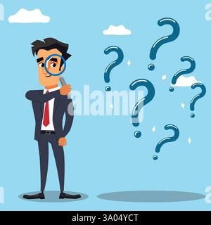 Confused Businessman looking through magnifying glass to solve a problem, searching for an answer concept Stock Vector