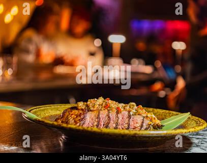 Close up shot of grilled steak at Austin, Texas Stock Photo