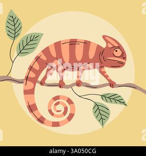 Illustration of a chameleon on a tree branch Stock Vector