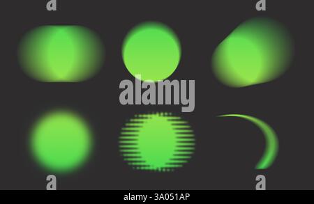 Abstract design set featuring futuristic glowing neon green circles with blurred distortion effects. Cyberpunk, sci-fi, hologram, luminescent shapes, Stock Photo