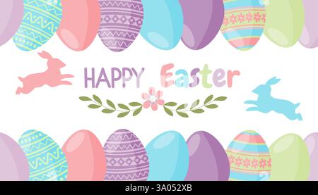 Spring Holiday Easter Eggs and Cute Rabbits Border Stock Vector