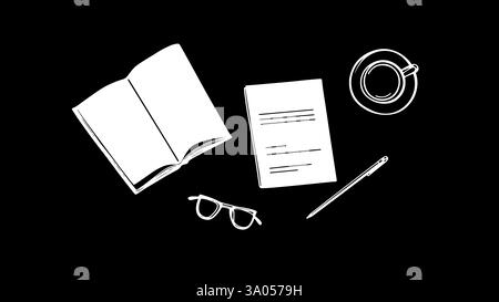 Open book coffee pencil leaves. Sketch simple line art. Perfect education, reading, or study blog. Black white minimalist top view flat lay design Stock Vector