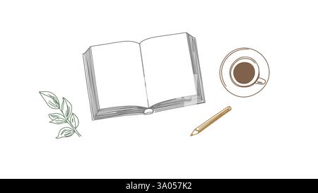 Open book coffee pencil leaves. Sketch simple line art. Perfect education, reading, or study blog. Black white minimalist top view flat lay design Stock Vector
