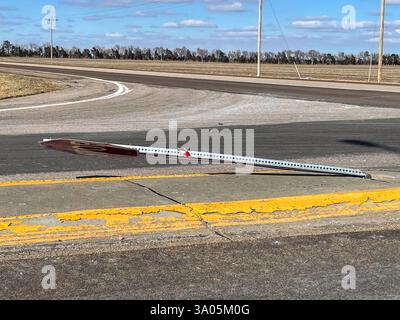 Stop sign at intersection smatched in crash. High quality photo Stock Photo