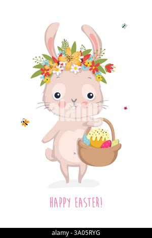 cute Easter card with cute bunnies and lettering. Easter greetings card with bunny, cups, eggs and flowers. Vector illustration EPS10 Stock Vector