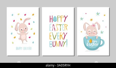 Set of Easter cards with cute bunnies and lettering. Easter greetings cards with bunny, cups, eggs and flowers. Vector illustration EPS 10 . Stock Vector
