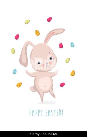 cute Easter card with cute bunnies and lettering. Easter greetings card with bunny, cups, eggs and flowers. Vector illustration EPS10 Stock Vector
