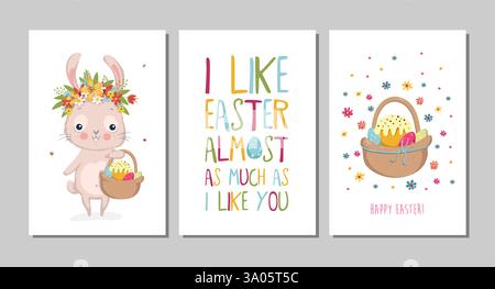 Set of Easter cards with cute bunnies and lettering. Easter greetings cards with bunny, cups, eggs and flowers. Vector illustration EPS 10 . Stock Vector