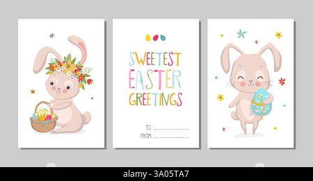 Set of Easter cards with cute bunnies and lettering. Easter greetings cards with bunny, cups, eggs and flowers. Vector illustration EPS 10 . Stock Vector