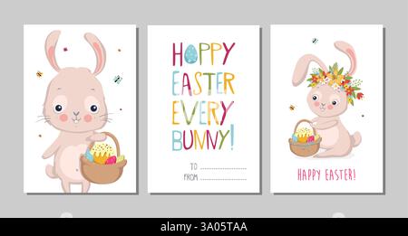 Set of Easter cards with cute bunnies and lettering. Easter greetings cards with bunny, cups, eggs and flowers. Vector illustration EPS 10 Stock Vector