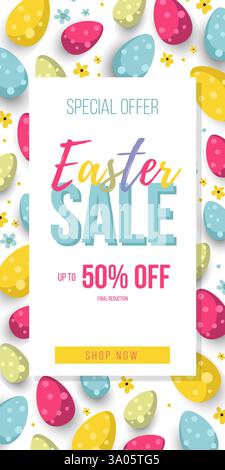 Easter Sale 50 off banner template with easter eggs. Colorful easter eggs on white background.Vector illustration EPS10. Stock Vector