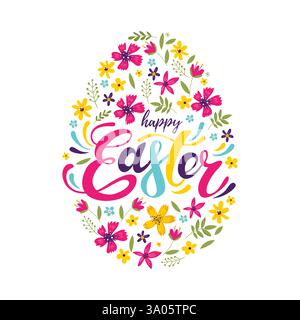 Happy Easter colorful lettering with flowers. Colorful easter egg with flowers. Vector EPS10 Stock Vector