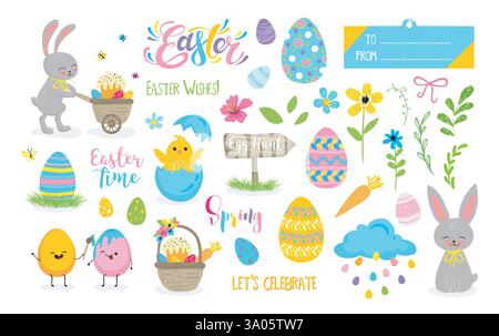 Set of cute Easter cartoon characters and scrapbooking elements. Easter bunny, chickens, flowers, lettering, kawaii eggs. Vector illustration. Stock Vector