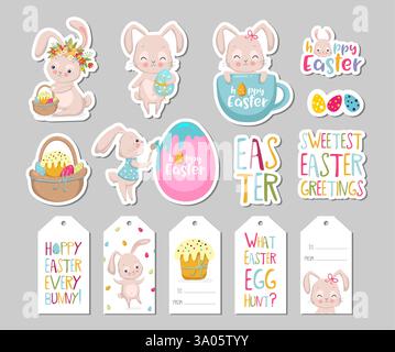 Set of Easter gift tags, scrapbooking elements, labels, badges with cute bunnies and lettering . Easter greeting stickers with bunny, flowers, eggs. V Stock Vector