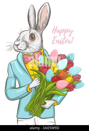 Hand drawn fashion illustration of bunny hipster with big bouquet of flowers and eggs. Stock Vector
