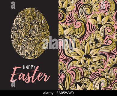 Happy Easter Set of greeting card with egg, lettering, hand drawing golden floral ornament, vector eps10 Stock Vector