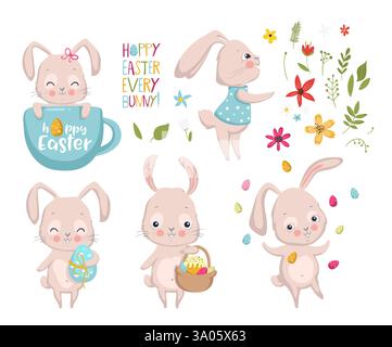 Happy Easter. Set of cute bunnies. Elements for greeting, invitation card. Vector illustration Stock Vector