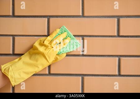 Woman with rag removing mold from brick wall at home, closeup Stock Photo