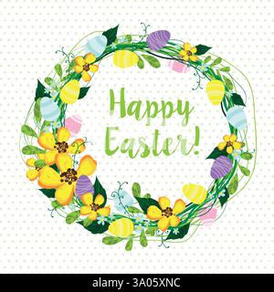 Easter wreath with flowers and eggs, vector illustration Stock Vector