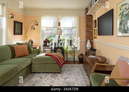Gallery wall with television, peach walls and houseplants, Philadelphia, Pennsylvania, USA Stock Photo