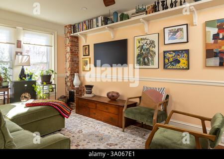 Gallery wall with television, peach walls and houseplants, Philadelphia, Pennsylvania, USA Stock Photo