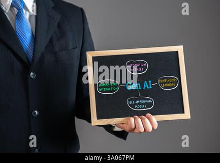 Gen AI in Business. Man holds a tablet with a Gen AI transcript in his hand. Artificial intelligence revolutionizes business. Stock Photo