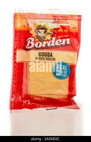 Winneconne, WI - 23 February 2025: A package of Borden gouda sliced cheese on an isolated background. Stock Photo