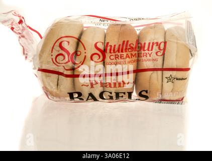 Winneconne, WI - 23 February 2025: A package of Shullsburg creamery plain bagels on an isolated background. Stock Photo
