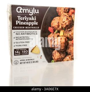 Winneconne, WI - 23 February 2025: A package of Amylu teriyaki pineapple chicken meatballs on an isolated background. Stock Photo