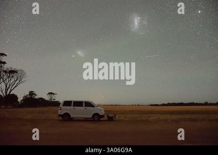 The Magellanic Clouds are circumpolar galaxies above Gnowangerup in Western Australia. Stock Photo