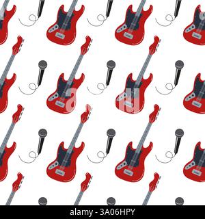 Red electric guitars and microphones in a vibrant repeating pattern Stock Vector