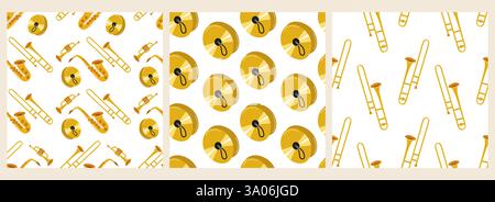 Vibrant music-themed pattern featuring various instruments and elements in bright yellow tones Stock Vector