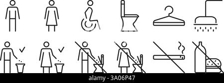 Toilet black line icon set, WC outline sign collection. Restrooms for men and women, vector editable stroke pictograms, do not throw trash in toilet b Stock Vector