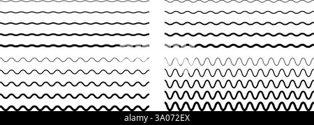 Set of horizontal wavy lines. Undulated borders. Curved stripes with different thicknesses. Water symbols. River, sea, lake or ocean signs isolated on white background. Vector outline illustration. Stock Vector