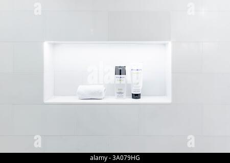 two milbon bath products displayed in a shower Stock Photo