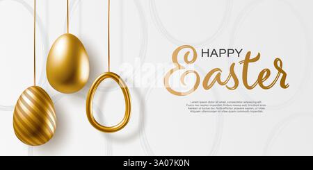 Happy Easter banner with realistic golden eggs in different design. 3d vector egg decoration banner Stock Vector