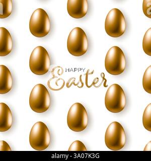 Happy Easter golden eggs pattern background. 3d realistic seamless vector gold egg isolated in white Stock Vector