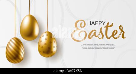 Happy Easter text banner with 3d golden eggs hanging on ribbons on white printed background Vector Stock Vector