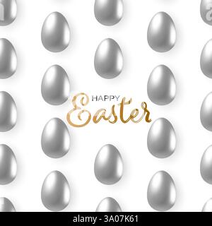 Happy Easter silver eggs pattern with lettering text. 3d vector realistic objects isolated pattern Stock Vector