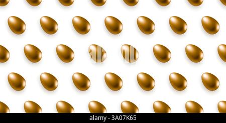 Golden shiny 3d vector eggs seamless pattern isolated on white. Realistic gold egg repeating objects Stock Vector