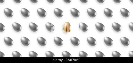 Golden egg isolated among multiple silver eggs on white. Shiny 3d vector eggs seamless pattern Stock Vector