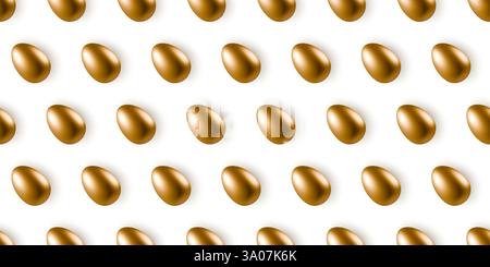 Seamless 3d golden shiny eggs pattern isolated on white backdrop Realistic gold egg repeating object Stock Vector