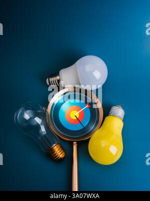 Business goal and success concept, creative strategy and solution innovation ideas. 3d target icon in searching tools, magnifying glass lens surrounde Stock Photo